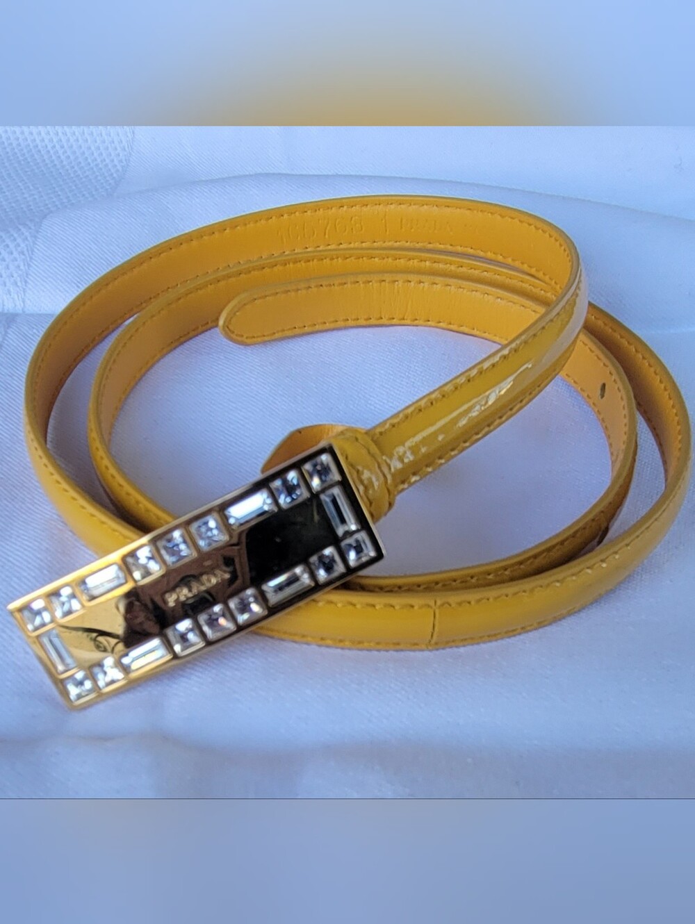 Prada Yellow Patent Leather Skinny Belt with Rhinestone Buckle